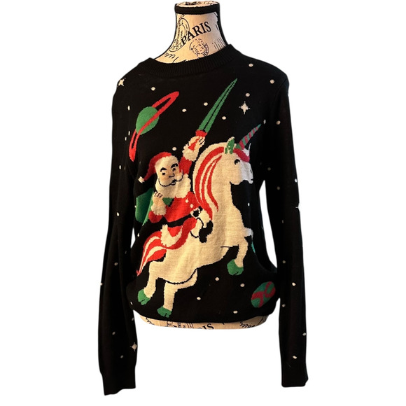 Tipsey Elves SANTA UNICORN UGLY CHRISTMAS SWEATER SZ Medium - Picture 4 of 9